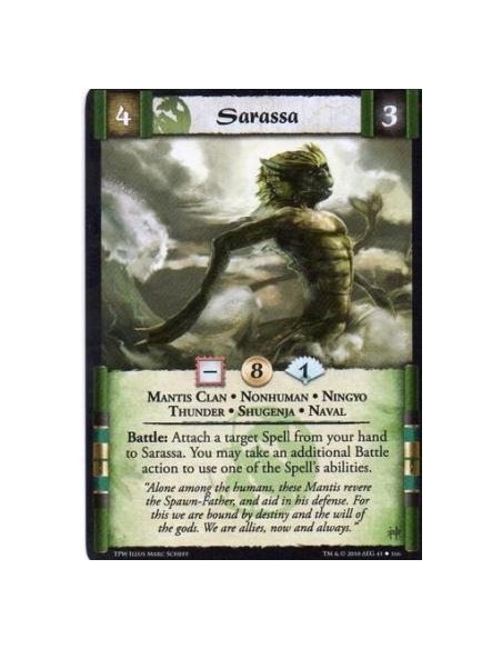 Sarassa  - Mantis Clan • Nonhuman • Ningyo • Thunder • Shugenja • Naval Battle: Attach a target Spell from your hand to Sarassa.