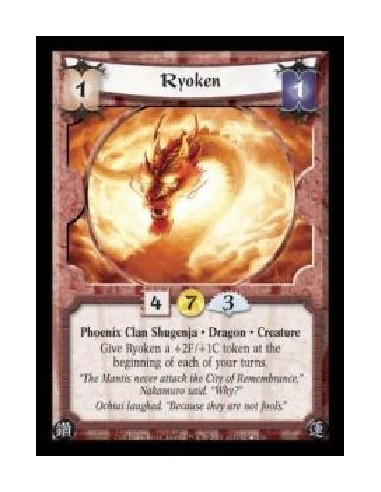 Ryoken (Spanish) (Signed by Steve Argyle)  - Phoenix Clan Shugenja · Dragon · Creature. Give Ryoken a +2F/+1C token at the begin