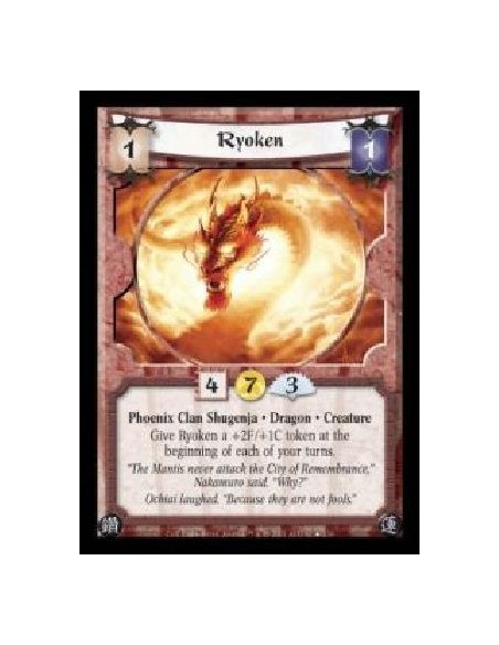 Ryoken  (Español) (Signed by Steve Argyle)  - Phoenix Clan Shugenja · Dragon · Creature. Give Ryoken a +2F/+1C token at the begi