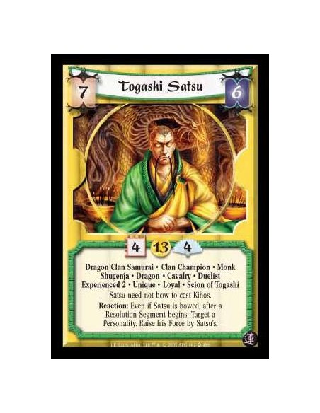 Togashi Satsu Exp2 (Español)  - Dragon Clan Samurai · Clan Champion · Monk · Shugenja · Dragon · Cavalry · Duelist · Experienced