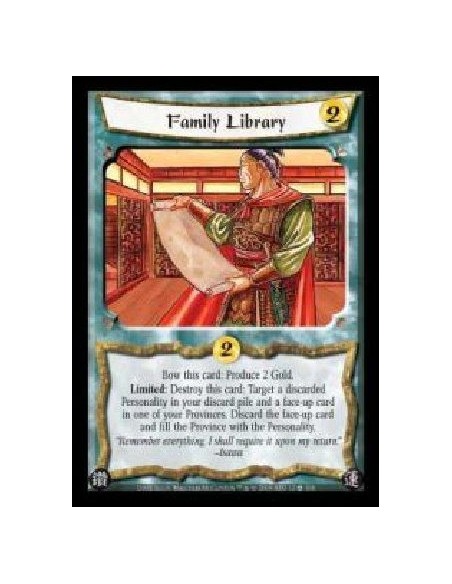 Family Library  - Bow this card: Produce 2 Gold. Limited: Destroy this card: Target a discarded Personality in your discard pile