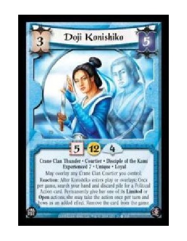 Doji Konishiko Exp7 (Español)  - Crane Clan Thunder · Courtier · Disciple of the Kami · Experienced 7 · Unique · Loyal. May over