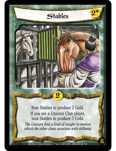 Stables  - Stables. Bow this card: Produce 2 Gold, or 3 Gold if you are a Unicorn Clan player.