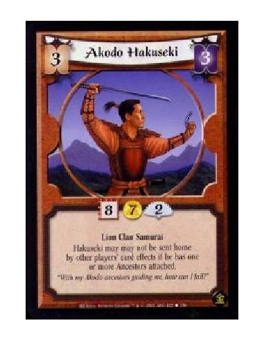 Akodo Hakuseki (Francés)  - Lion Clan Samurai Hakuseki may may not be sent home by other players' card effects if he has one or 