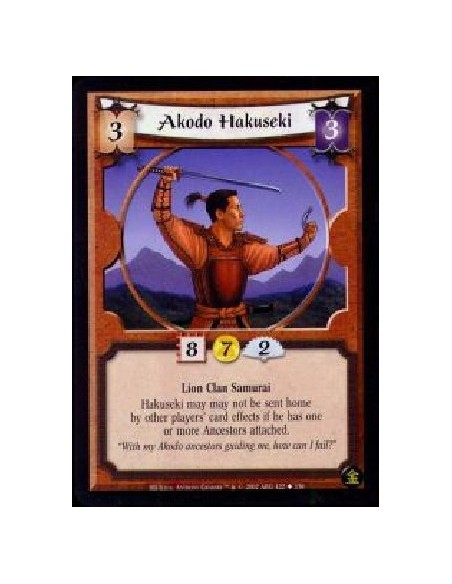 Akodo Hakuseki (Francés)  - Lion Clan Samurai Hakuseki may may not be sent home by other players' card effects if he has one or 