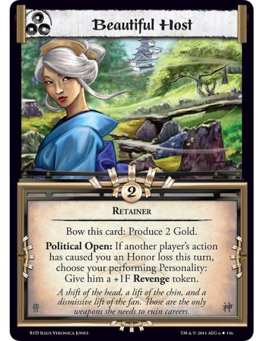 Beautiful Host (Español)  - RetainerBow this card: Produce 2 Gold.Political Open: If another player’s action has caused you an H