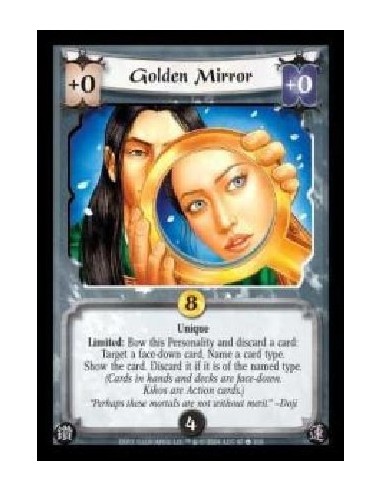 Golden Mirror  - Unique. Limited: Bow this Personality and discard a card: Target a face-down card. Name a card type. Show the c