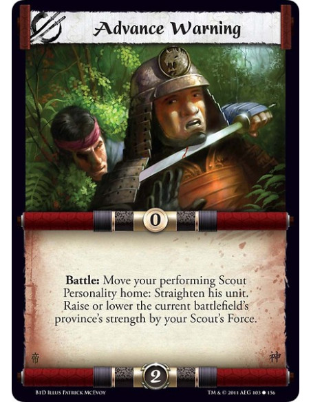 Advance Warning (Spanish)  - Battle: Move your performing Scout Personality home: Straighten his unit. Raise or lower the curren