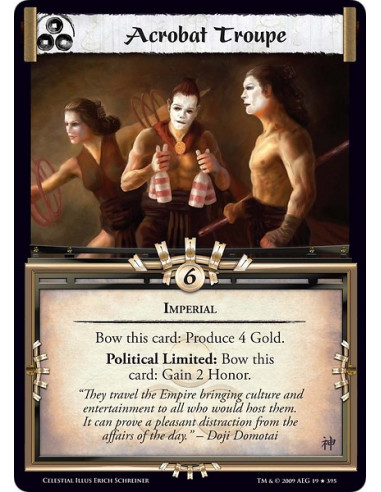 Acrobat Troupe (Spanish)  - Imperial Bow this card: Produce 4 Gold. Political Limited: Bow this card: Gain 2 Honor.