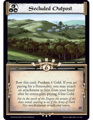 Secluded Outpost (Spanish)  - Bow this card: Produce 4 Gold. If you are paying for a Personality, you may attach an attachment t