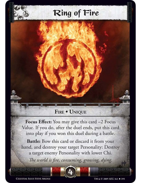 Ring of Fire (Español)  - Fire • Unique Focus Effect: You may give this card -2 Focus Value. If you do, after this duel ends, pu