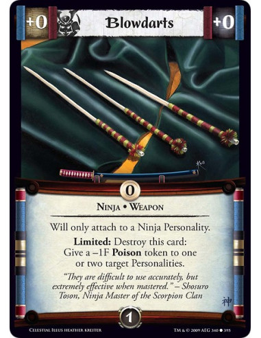 Blowdarts (Español)  - Ninja • Weapon Will only attach to a Ninja Personality. Limited: Destroy this card: Give a -1F Poison tok