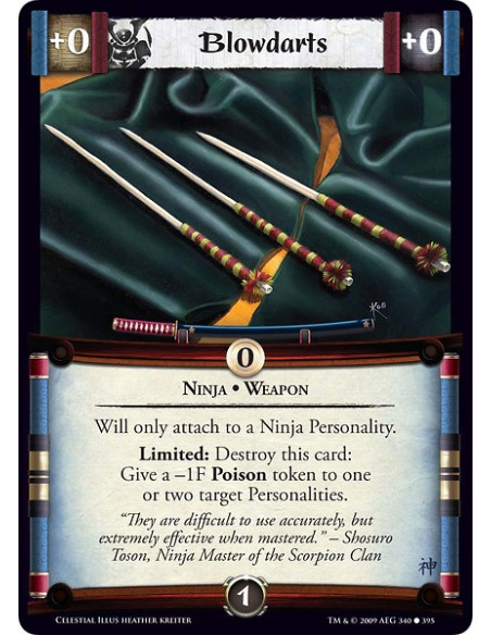 Blowdarts (Español)  - Ninja • Weapon Will only attach to a Ninja Personality. Limited: Destroy this card: Give a -1F Poison tok