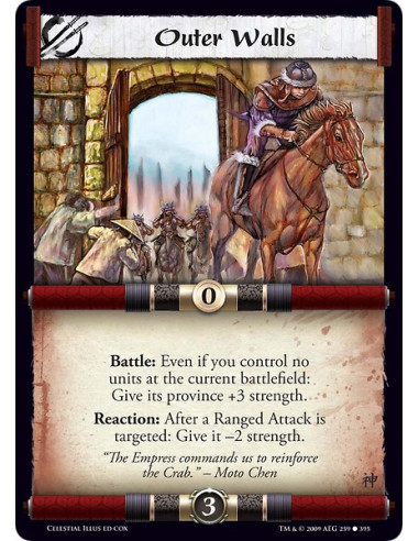 Outer Walls (Spanish)  - Battle: Even if you control no units at the current battlefield: Give its province +3 strength. Reactio