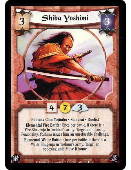 Shiba Yoshimi  - Phoenix Clan Yojimbo · Samurai · Duelist. Elemental Fire Battle: Once per battle, if there is a Fire Shugenja i