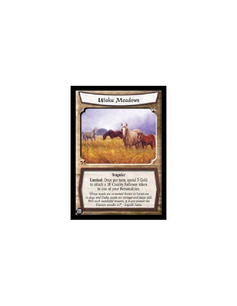 Utaku Meadows (Español)  - Singular Limited: Once per turn, spend 3 Gold to attach a 1F Cavalry Follower token to one of your Pe