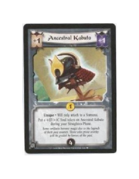 Ancestral Kabuto  - Unique . Will only attach to a Samurai. Put a +1F/+1C Soul token on Ancestral Kabuto during your Straighten 