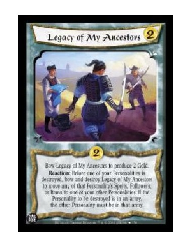 Legacy of My Ancestors (Español)  - Bow Legacy of My Ancestors to produce 2 Gold. Reaction: Before one of your Personalities is 