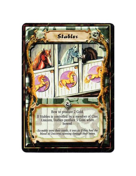 Stables  - StablesBow this card: Produce 2 Gold, or 3 Gold if you are a Unicorn Clan player.