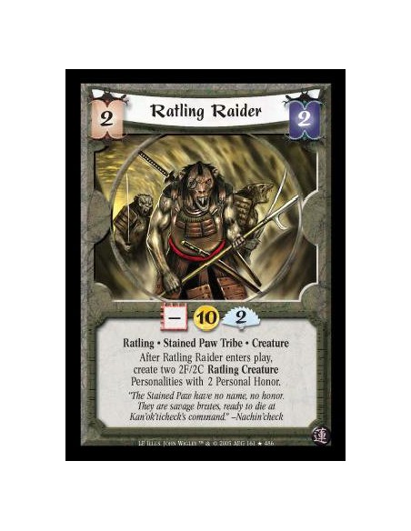 Ratling Raider (Español)  - Ratling · Stained Paw Tribe · Creature. After Ratling Raider enters play, create two 2F/2C Ratling C