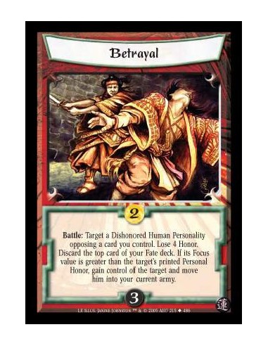 Betrayal  - Battle: Target a Dishonored Human Personality opposing a card you control. Lose 4 Honor. Discard the top card of you