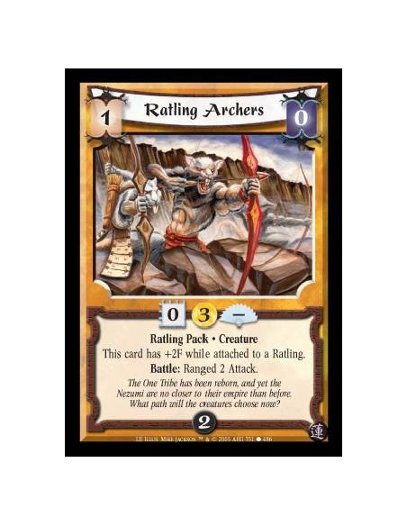 Ratling Archers  - Ratling Pack · Creature. This card has +2F while attached to a Ratling. Battle: Ranged 2 Attack