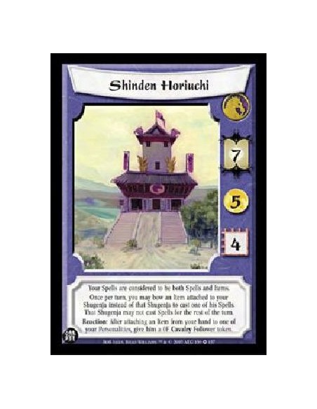 Shinden Horiuchi (Spanish)  - Your Spells are considered to be both Spells and Items.Once per turn, you may bow an Item attached