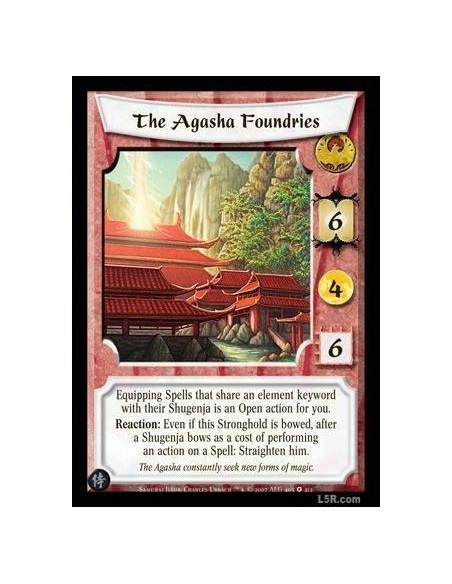 The Agasha Foundries  - Equipping Spells that share an elemental keyword with their Shugenja is an Open action for you. Reaction